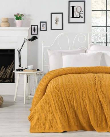 Hořčicově žlutý přehoz přes postel s příměsí bavlny Homemania Decor Knit, 220 x 240 cm