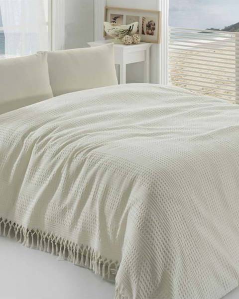 Saheser Krémový lehký bavlněný přehoz přes postel na dvoulůžko Pique, 220 x 240 cm