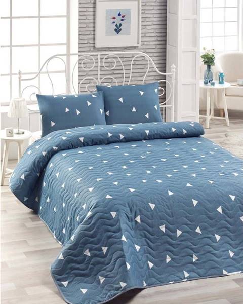 EnLora Home Set bavlněného modrého přehozu přes postel a 2 povlaků na polštáře Lesso Duro, 200 x 220 cm