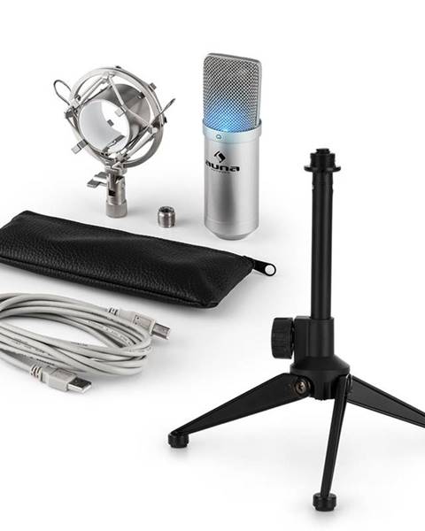 Auna Auna MIC-900S-LED V1, USB mikrofonní sada, stříbrný kondenzátorový mikrofon + stolní stativ