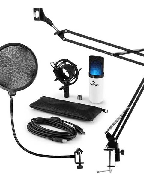 Auna MIC-900WH-LED, USB MIKROFONNÍ SADA V4, BÍLÁ kondenzátorové mikrofony, POP FILTER, mikrofonní rameno, LED
