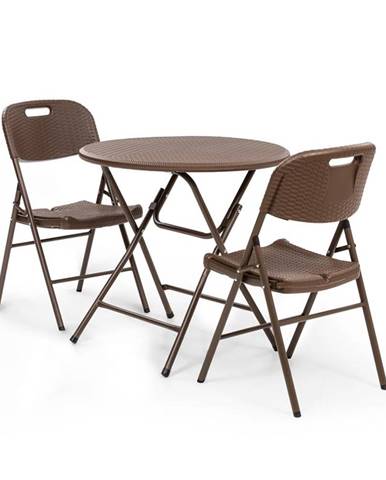Blumfeldt Burgos, stůl + 2 židle, ocelové trubky, HDPE,imitace ratanu, sklopná