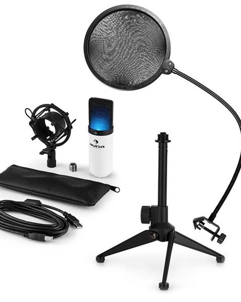 Auna MIC-900WH-LED V2, USB mikrofonní sada, bílý kondenzátorový mikrofon + pop-filter + stolní stativ