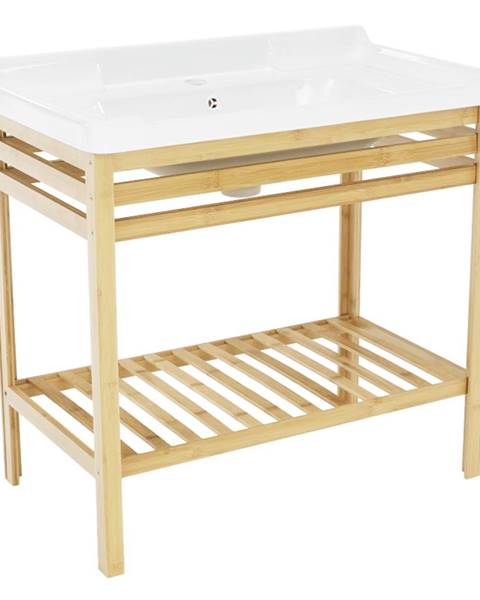 Stůl s keramickým umyvadlem, přírodní / bílá, SELENE TYP 6