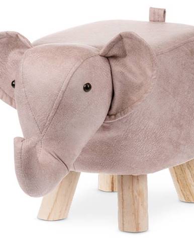 Taburet - slon, potah starorůžová látka v dekoru vintage kůže, masivní nohy z kaučukovníku v přírodn