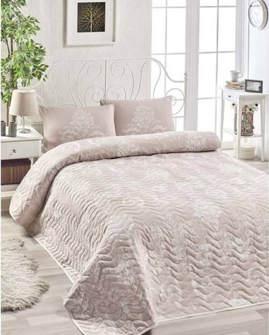Set přehozu přes postel a 2 povlaků na polštář s příměsí bavlny EnLora Home Kralice Pink, 200 x 220 cm