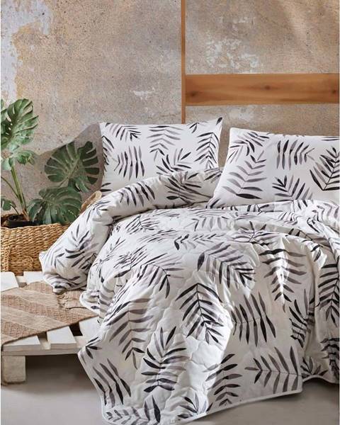 EnLora Home Bílo-černý přehoz přes postel se 2 povlaky na polštář z ranforce bavlny EnLora Home Folla, 225 x 240 cm