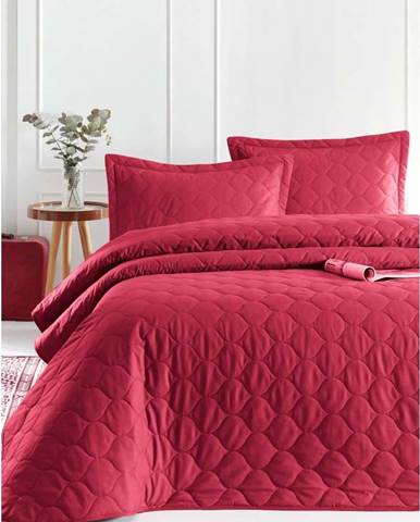 Tmavě červený přehoz přes postel se 2 povlaky na polštář z ranforce bavlny EnLora Home Fresh, 225 x 240 cm