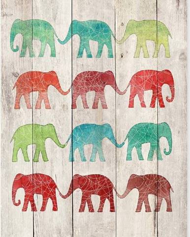 Dřevěná nástěnná dekorativní cedule Surdic Elephants Cue, 40 x 60 cm