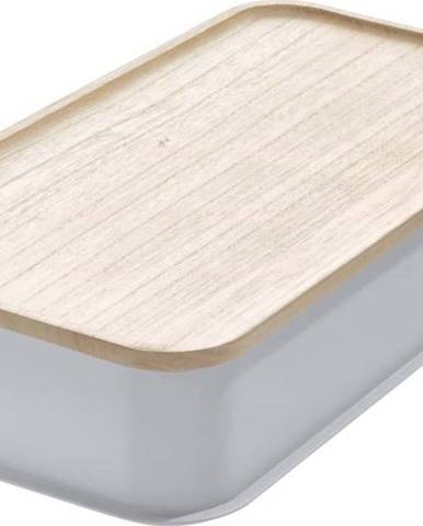 Šedý úložný box s víkem ze dřeva paulownia iDesign Eco, 21,3 x 43 cm