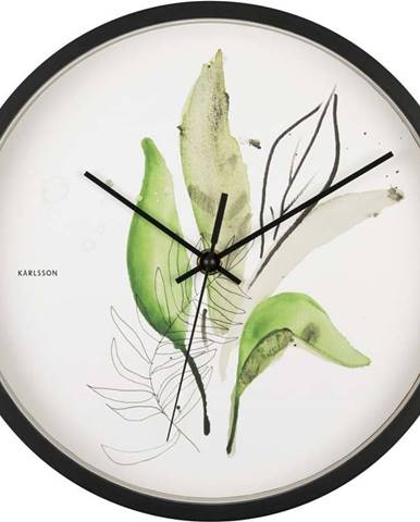Zeleno-bílé nástěnné hodiny v černém rámu Karlsson Leaves, ø 26 cm