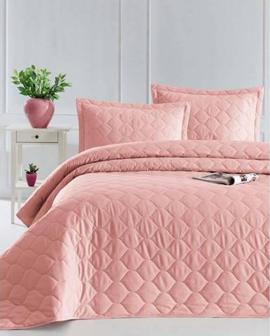 Růžový přehoz přes postel se 2 povlaky na polštář z ranforce bavlny EnLora Home Fresh, 225 x 240 cm