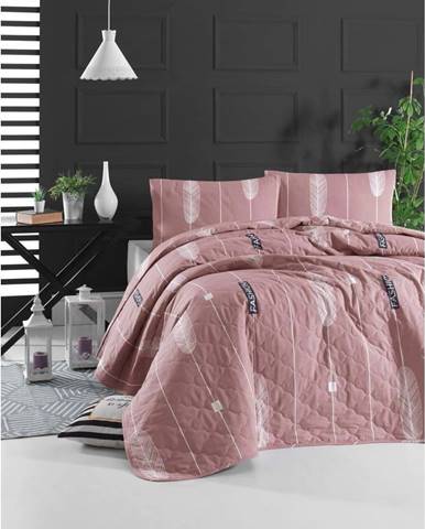 Růžový přehoz přes postel s povlakem na polštář z ranforce bavlny EnLora Home Modena, 180 x 225 cm