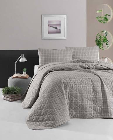 Šedý přehoz přes postel se 2 povlaky na polštář z ranforce bavlny EnLora Home Monte, 225 x 240 cm