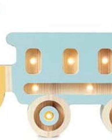 Žluto-modrá stolní lampa z borovicového dřeva Little Lights Train, délka 58 cm